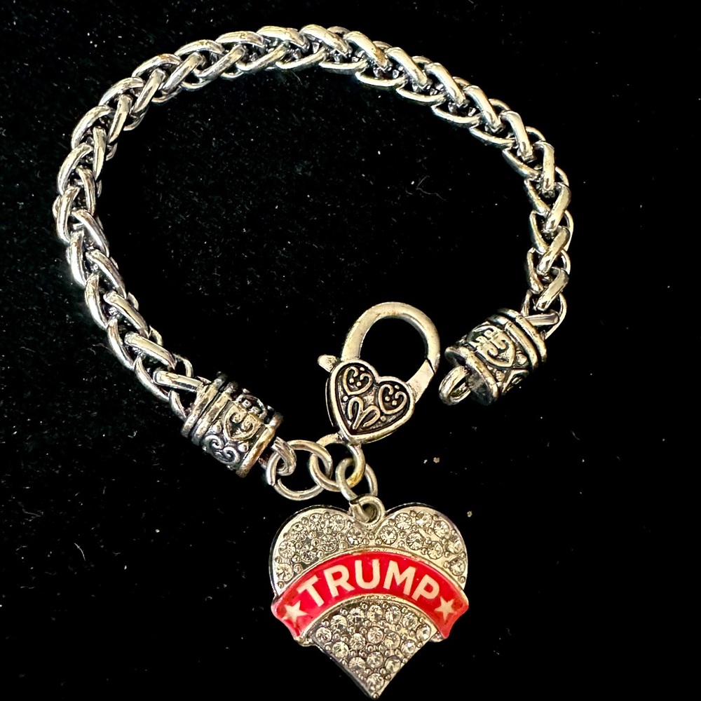 Trump Supporter Bracelet Pave Heart Charm Braided w/crystals & red banner guc 8”